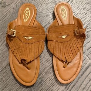 Tod's Tan Suede Leather Fringe Sandals
